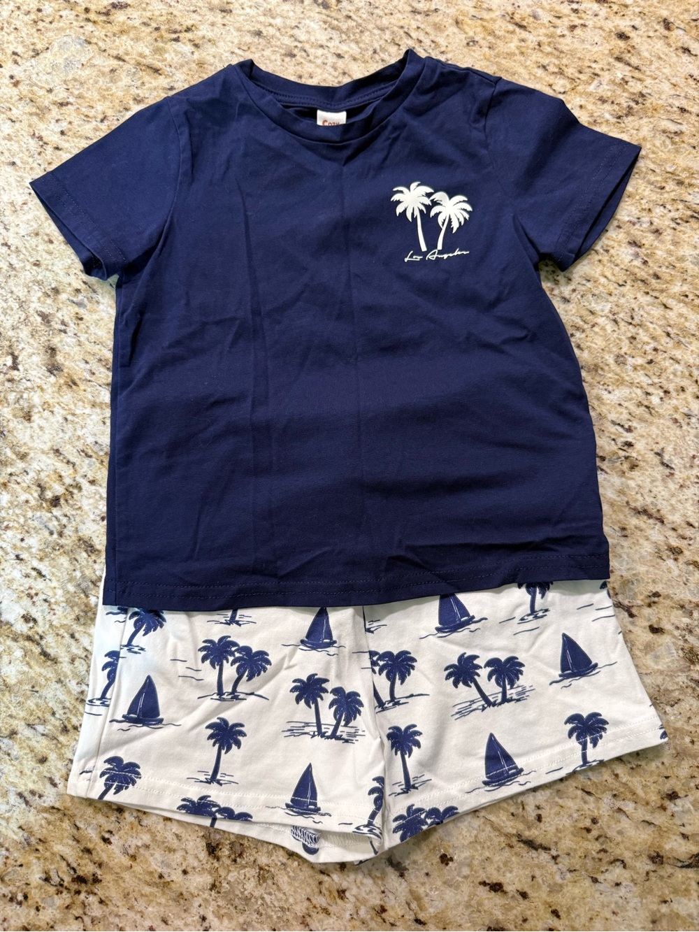 NWOT Cozy Pixies 2 Pc Set Nautical Los Angeles Shirt with Sailboat shorts 2T